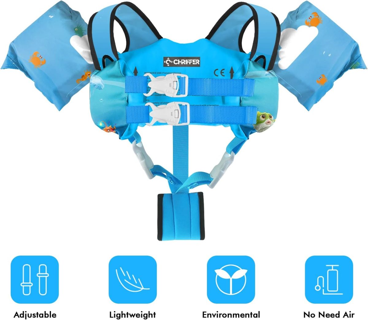 Kids Swim Vest with Crotch Strap - Blue Shark - Image 5