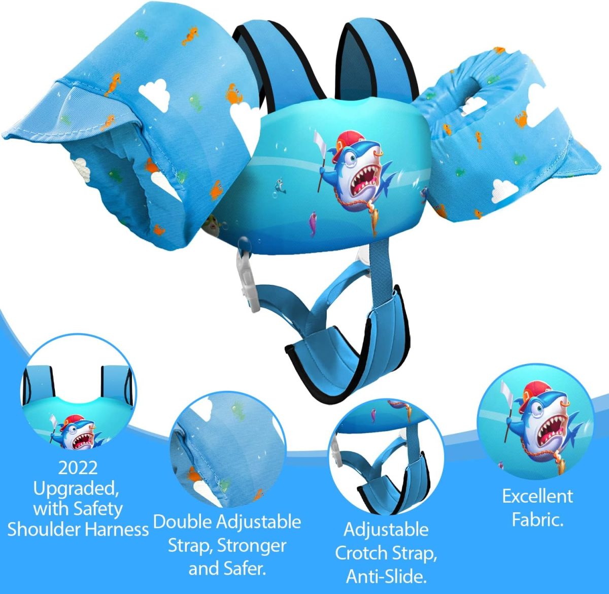 Kids Swim Vest with Crotch Strap - Blue Shark - Image 3