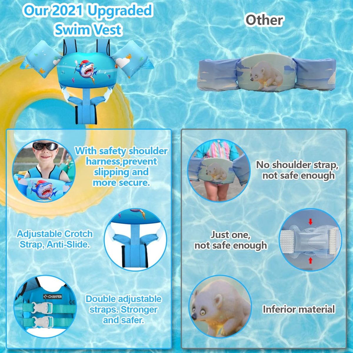 Kids Swim Vest with Crotch Strap - Blue Shark - Image 8