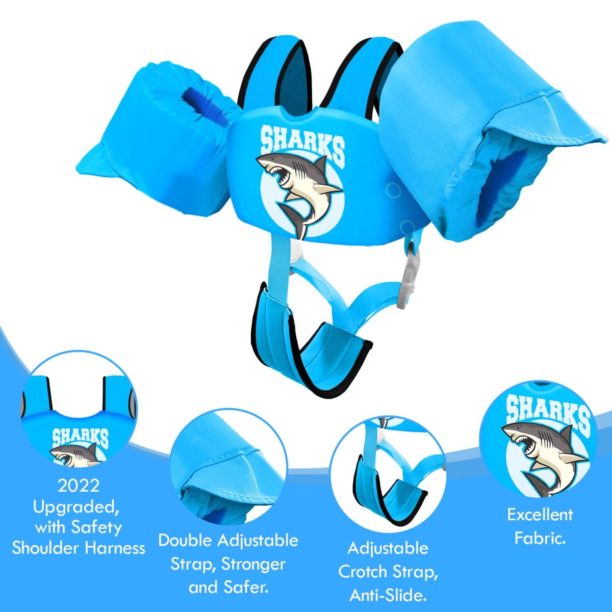 Kids Swim Vest with Crotch Strap - Shark - Image 2