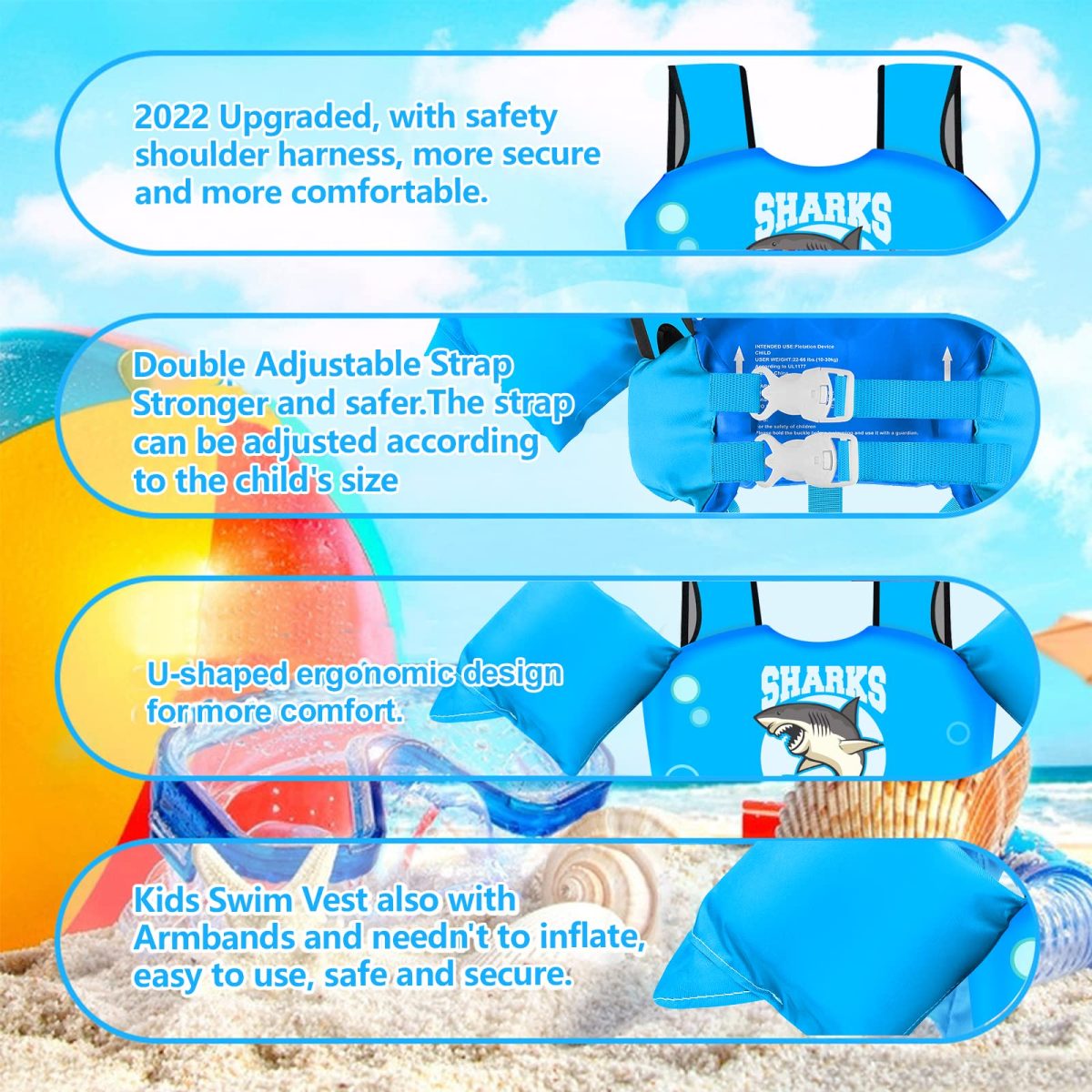 Kids Swim Vest with Crotch Strap - Shark - Image 3