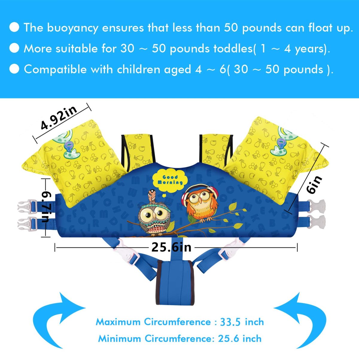 Kids Swim Vest with Crotch Strap - Owl - Image 3