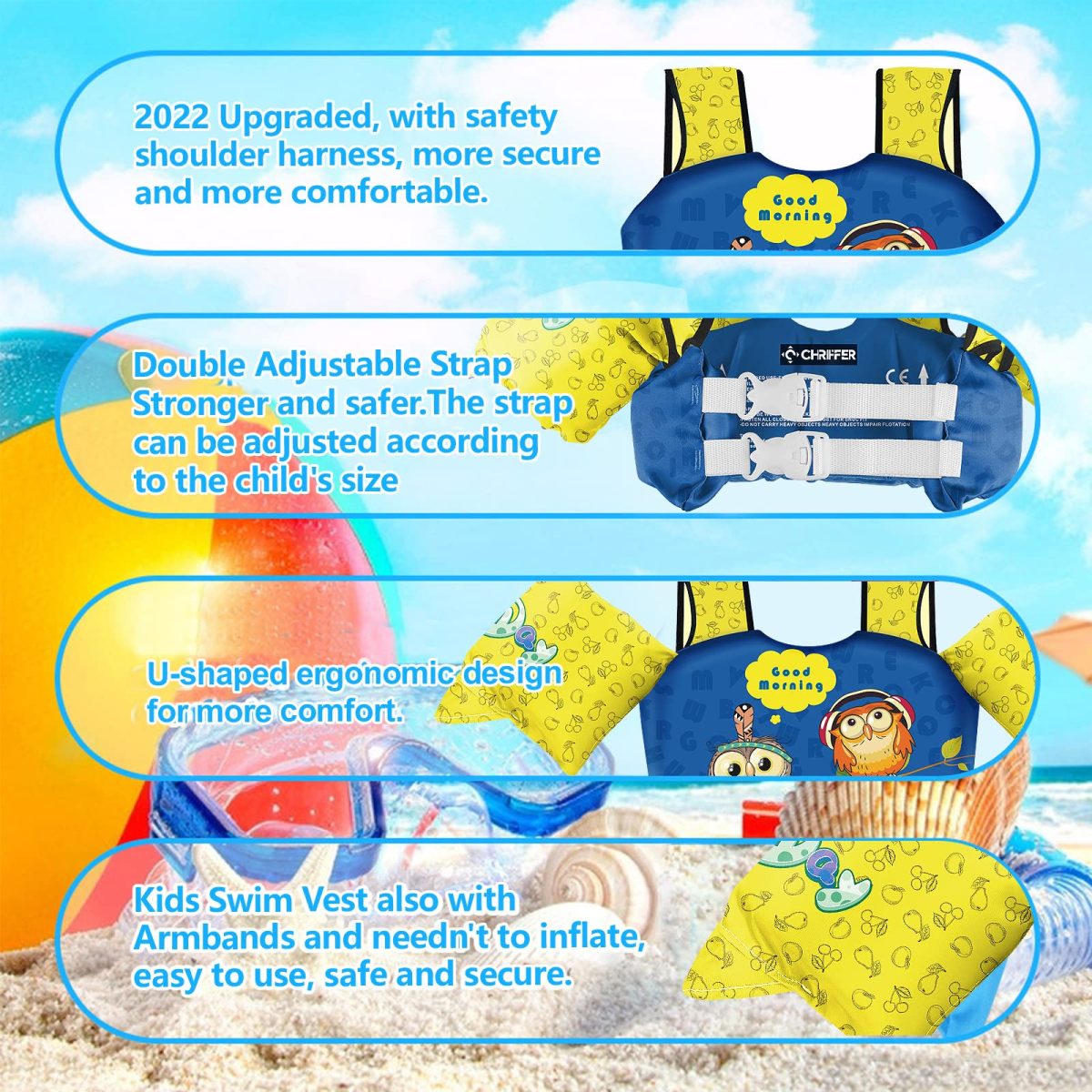 Kids Swim Vest with Crotch Strap - Owl - Image 4