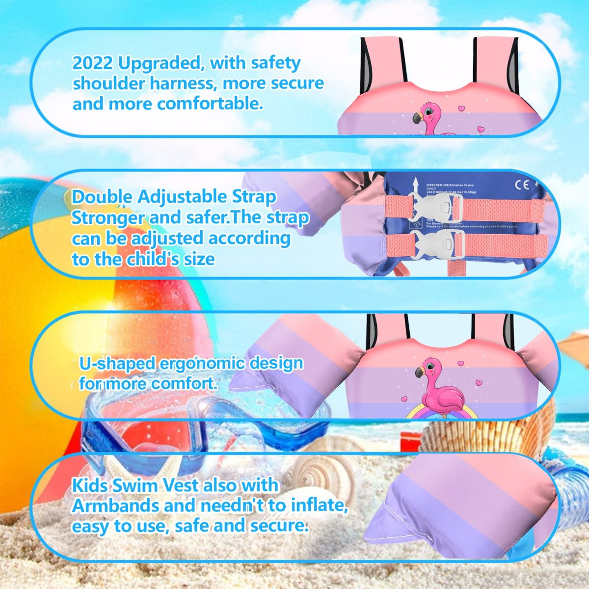 Kids Swim Vest with Crotch Strap - Flamingo - Image 5