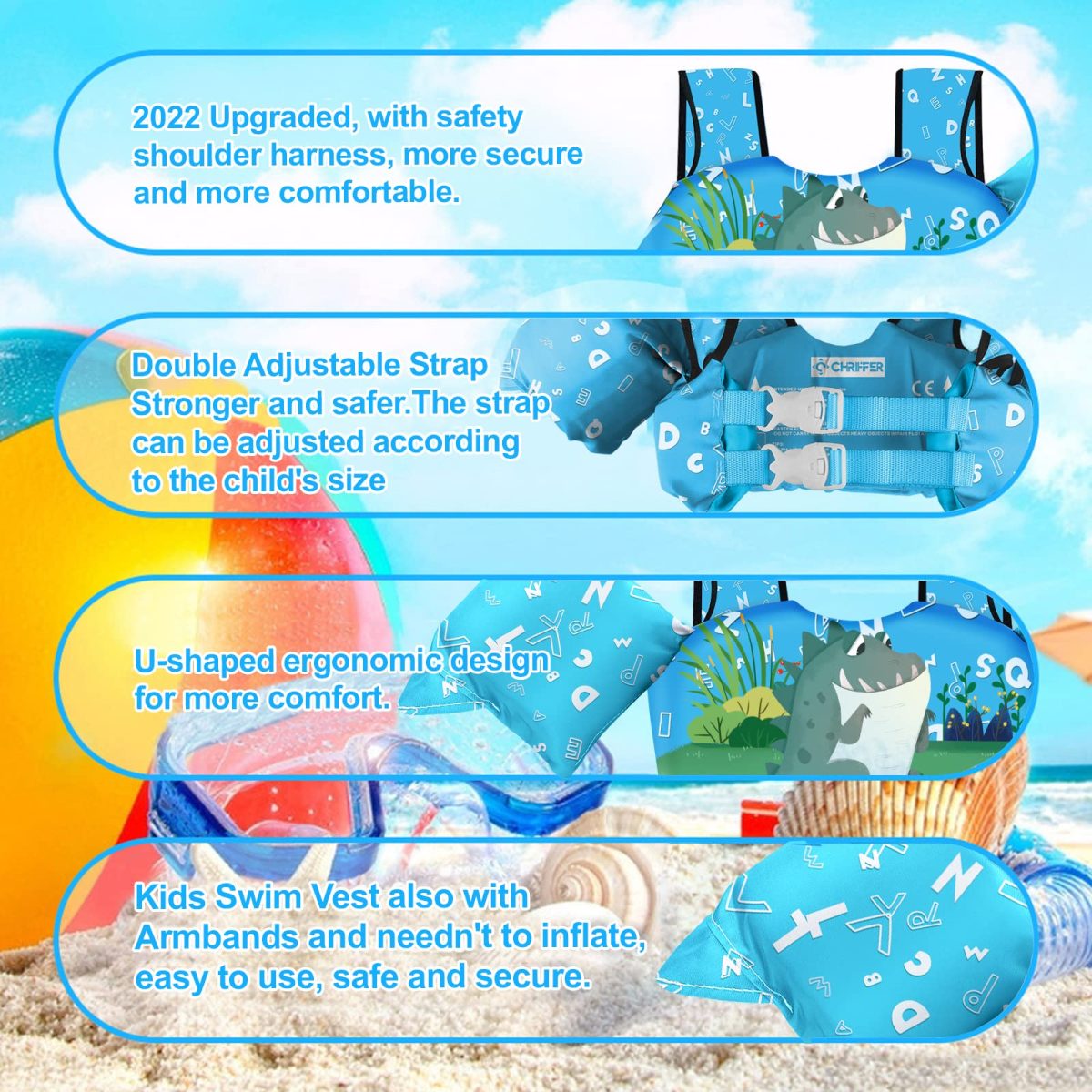 Kids Swim Vest with Crotch Strap - Cartoon Crocodile - Image 5