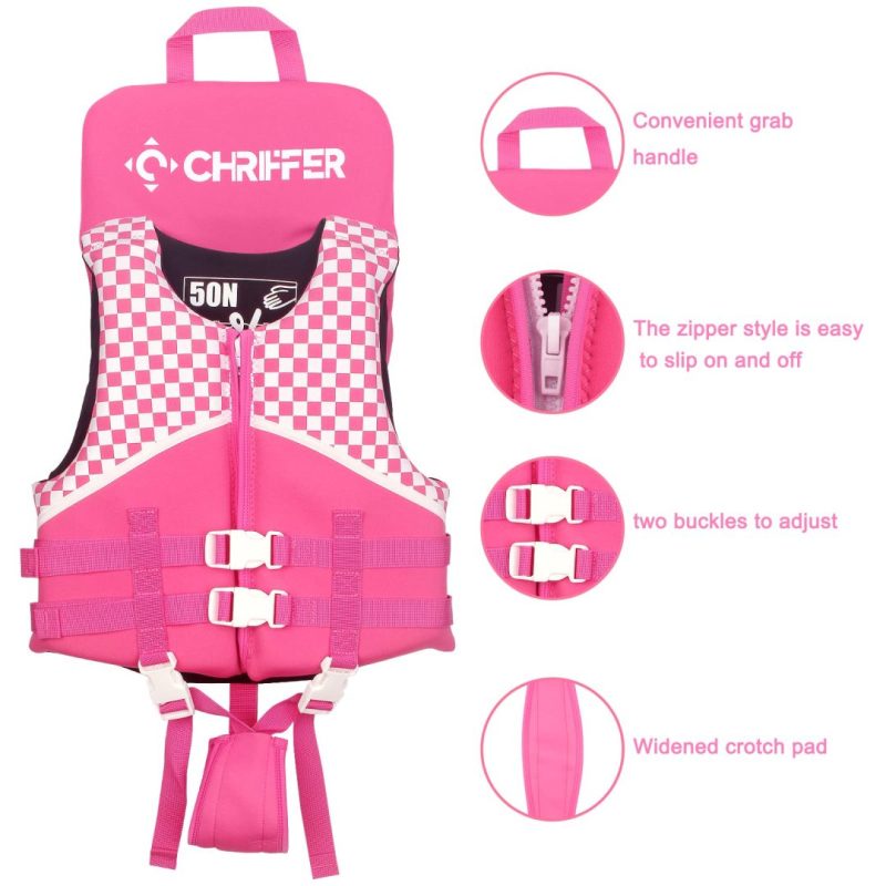 Kids pink life jacket with adjustable buckles and zipper for secure fit