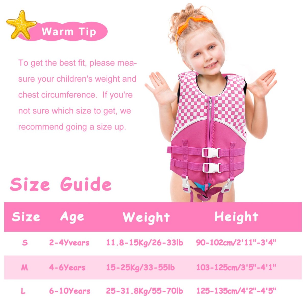 kids life vest pink size chart