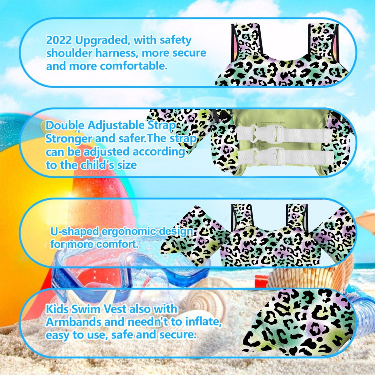 Kids Swim Vest - Leopard Print - Image 5