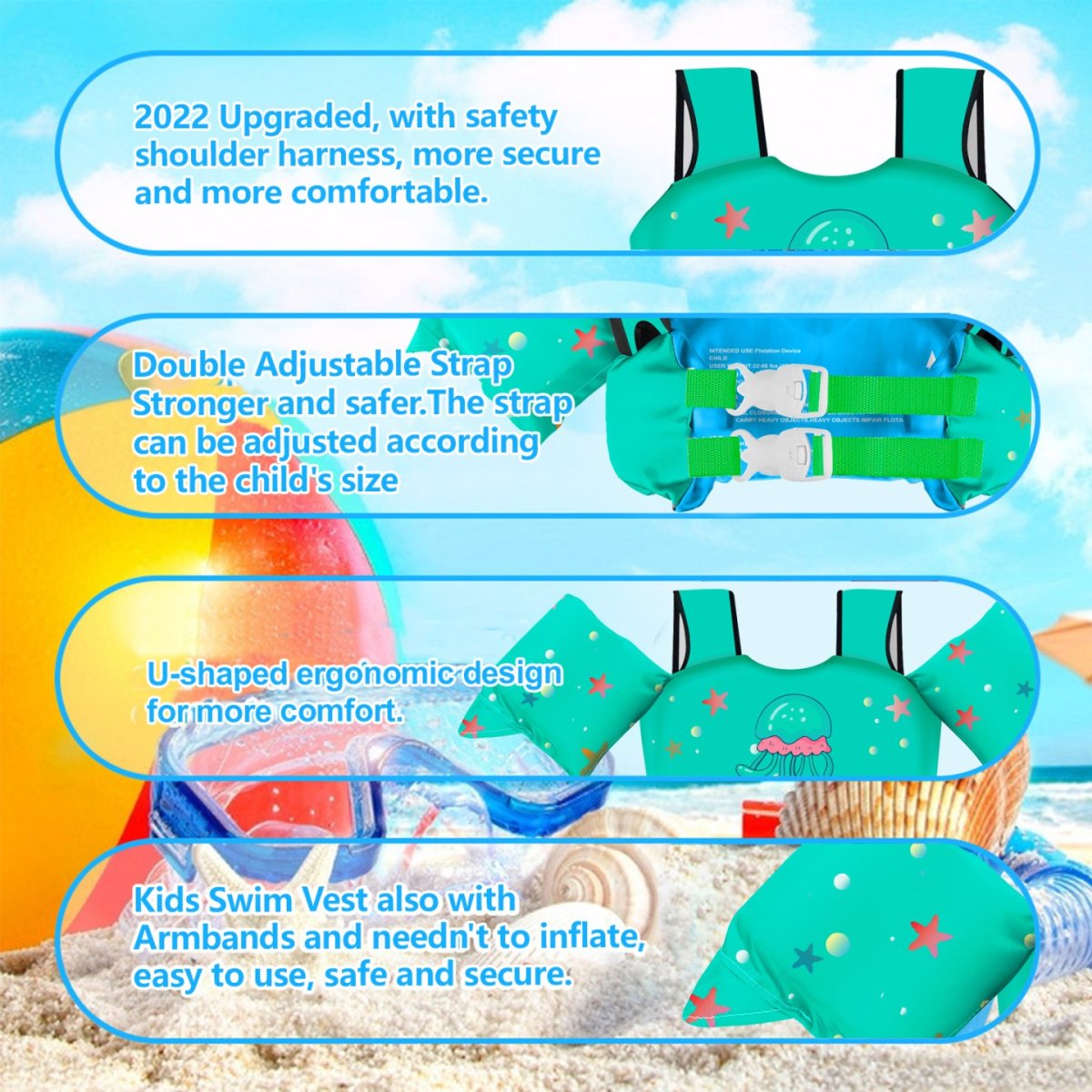 Kids Swim Vest - Green Jellyfish - Image 5