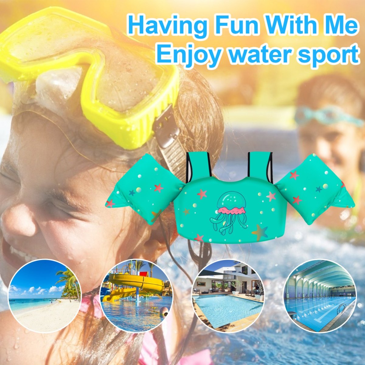 Kids Swim Vest - Green Jellyfish - Image 6