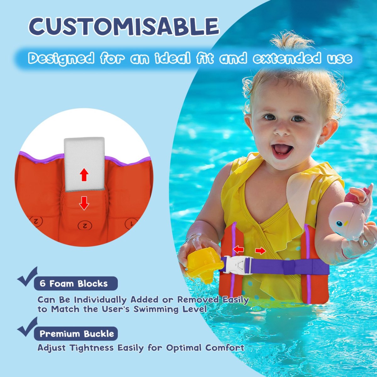 Kids swim belt orange with dinosaur pattern
