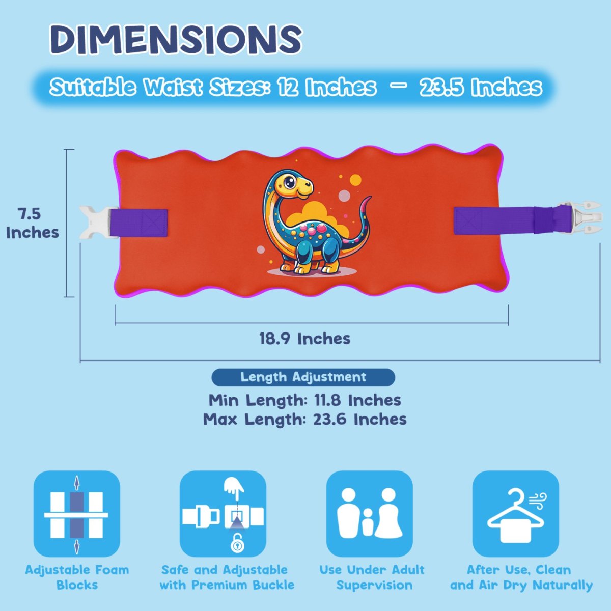 Kids swim belt orange with dinosaur pattern