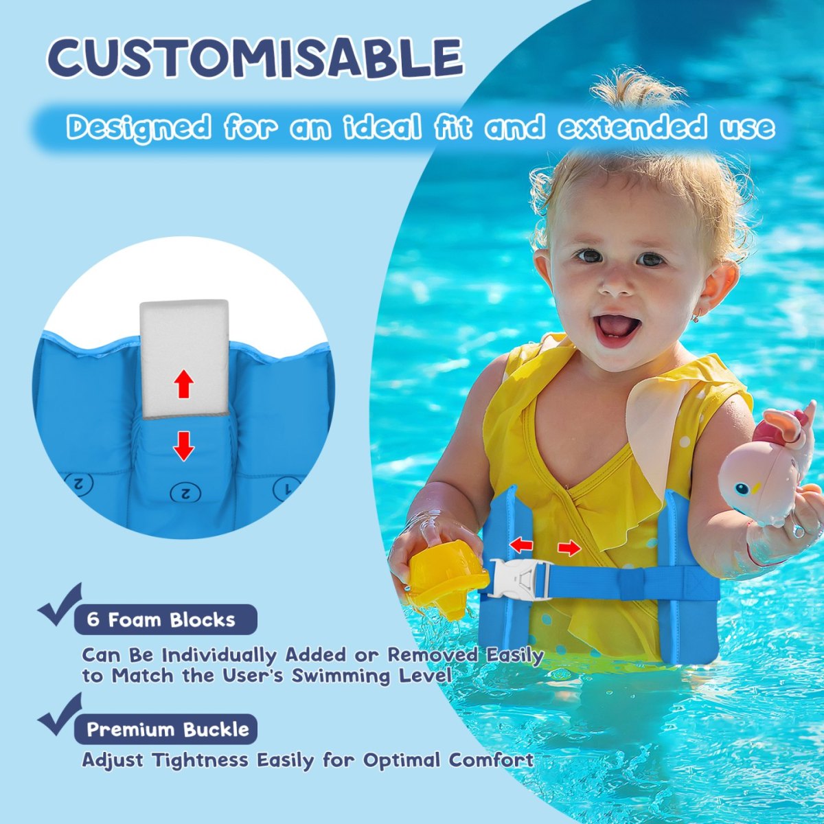 Kids swim belt blue with dolphin pattern