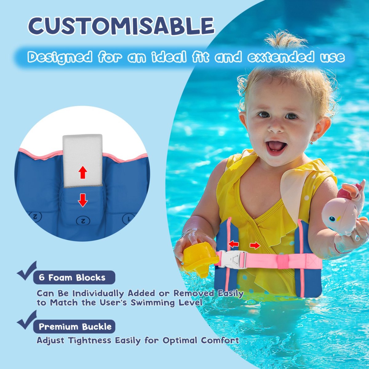 Kids swim belt blue with ferocious shark pattern