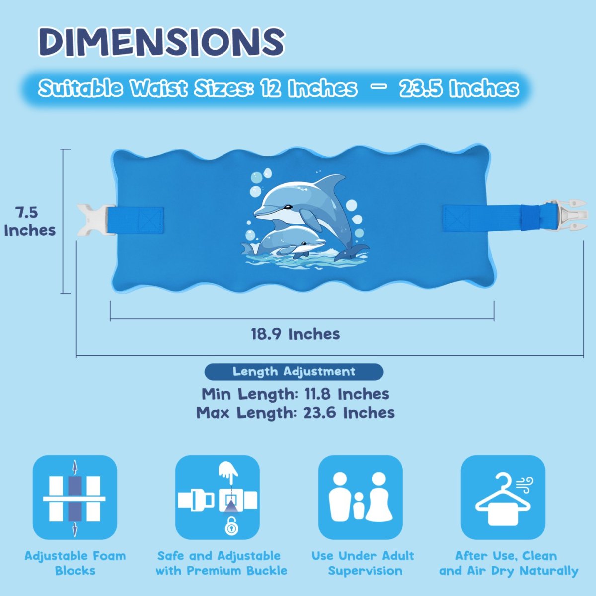 Kids swim belt blue with dolphin pattern