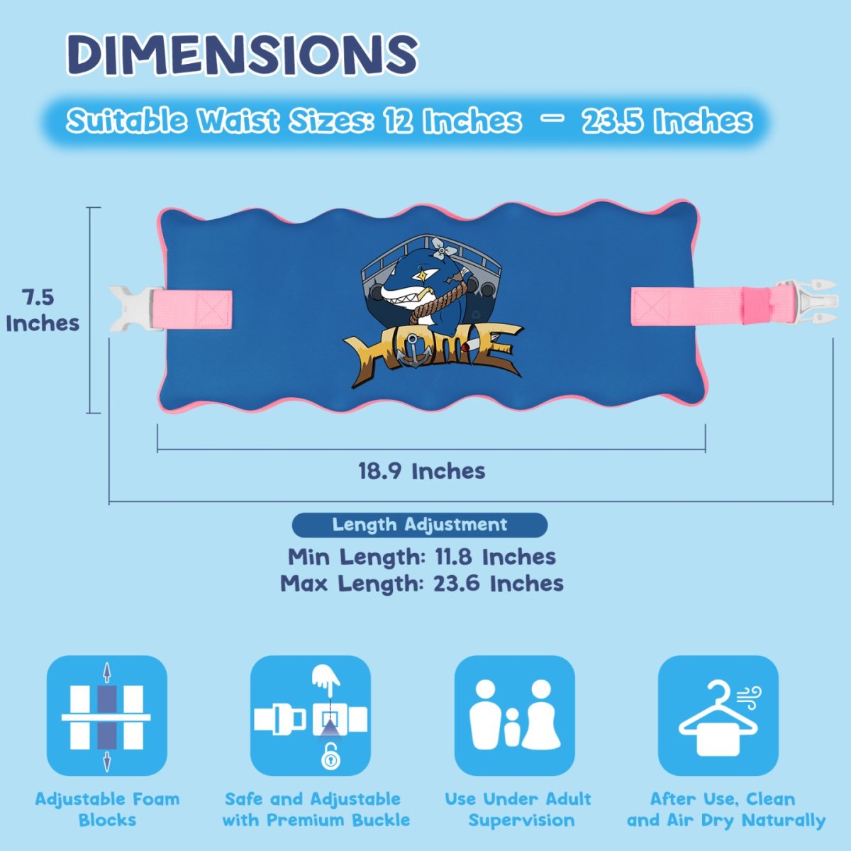 Kids swim belt blue with shark pattern