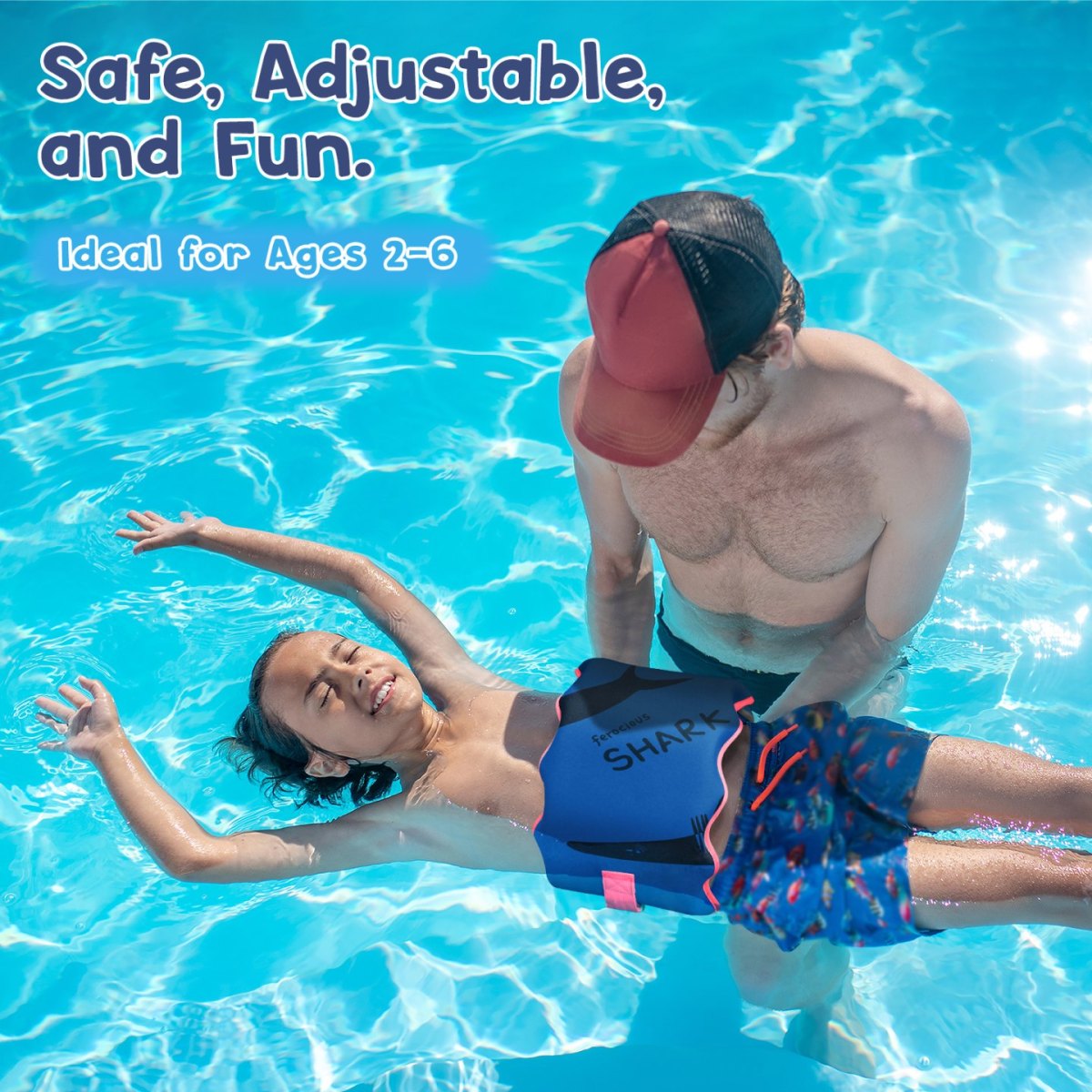 Kids swim belt blue with ferocious shark pattern