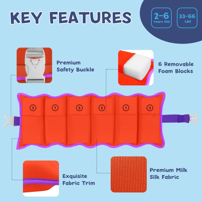 Kids swim belt orange with dinosaur pattern