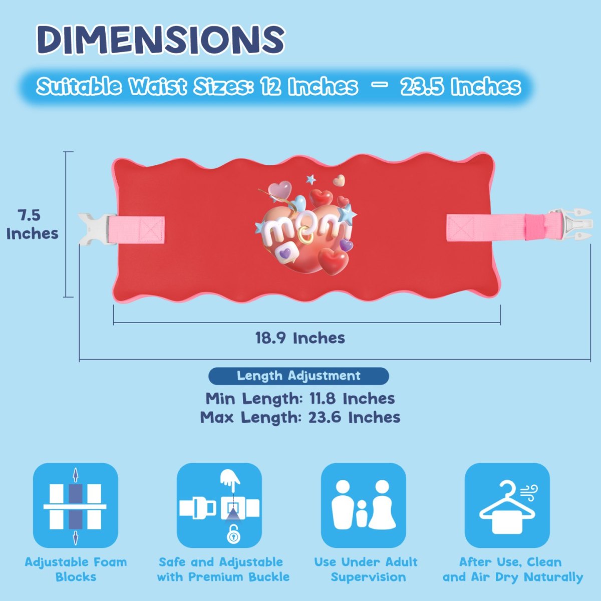 Kids swim belt pink with heart pattern